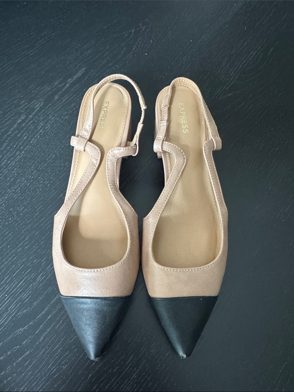 Express Two-Tone Pointed Slingback Flats in Tan and Black